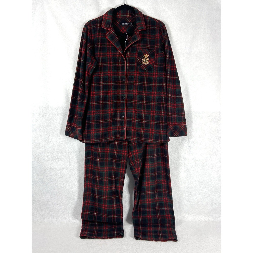 Lauren Ralph Lauren 2PC Pajama Set Women's Medium Green Red Fleece Plaid